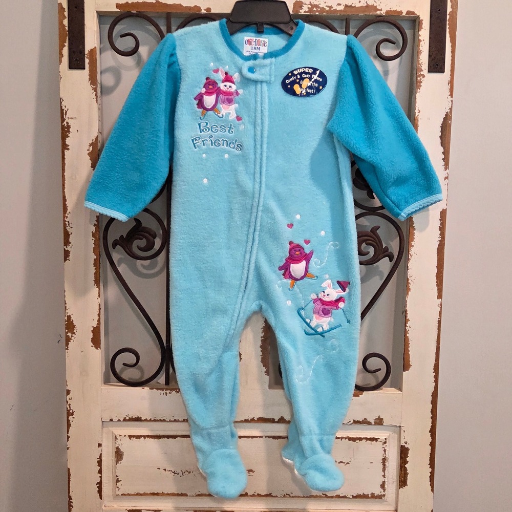 Vintage Y2K Okie Dokie Baby Girls 18M Fleece Footie Pajamas Penguin Bunny